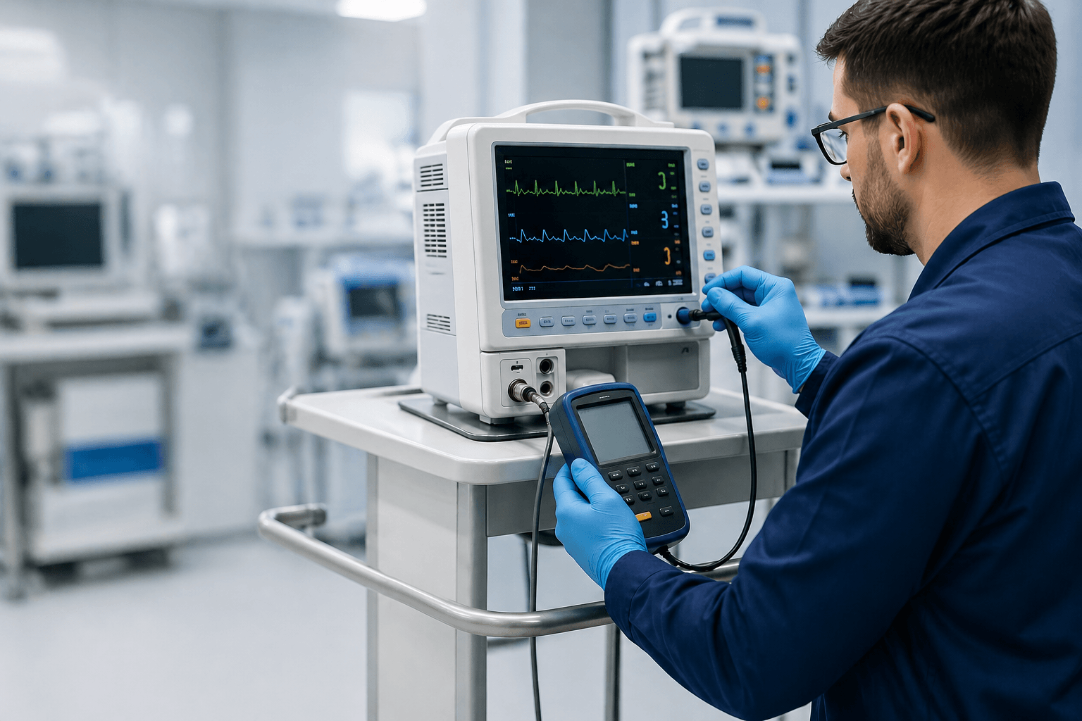 Técnico fazendo calibração de equipamento hospitalar.
