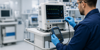 Técnico fazendo calibração de equipamento hospitalar.
