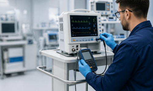 Técnico fazendo calibração de equipamento hospitalar.
