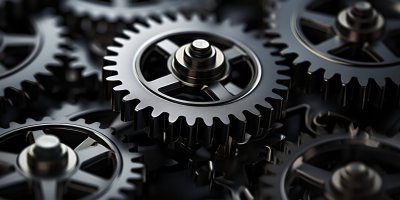Close-up of gears and cogs, symbolizing industry mechanics.