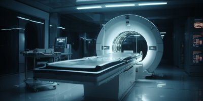 Modern hospital machinery illuminates blue MRI scanner generated by artificial intelligence