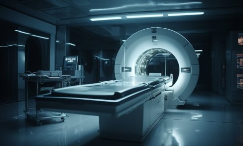 Modern hospital machinery illuminates blue MRI scanner generated by artificial intelligence