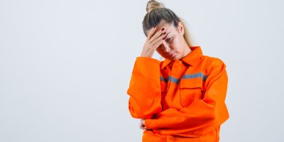 Young female looking at down while holding hand on head in worker uniform and looking upset. front view. space for text
